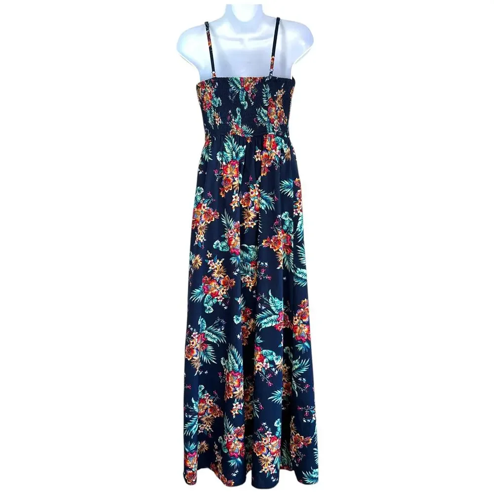 Band of Gypsies Floral Romper Dress Sz S Navy Tropical Maxi Overlay Boho Resort - Picture 3 of 5